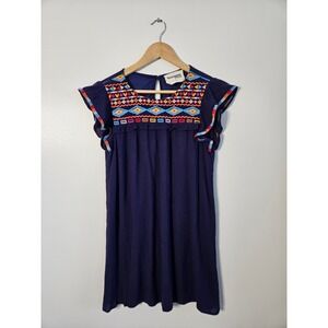 Savanna Jane Navy Blue Embroidered Boho‎ Shift Dress Flutter Sleeve Womens Small